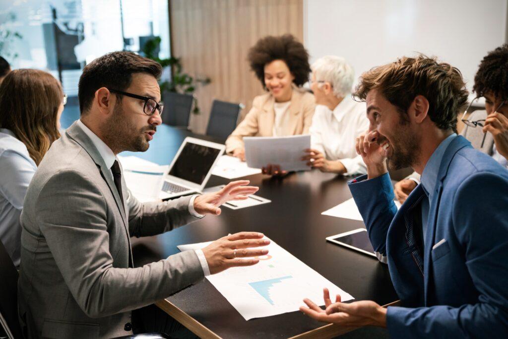 Business team reviewing company card benefits