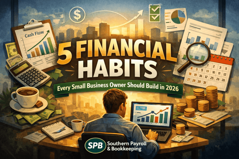 Small business owner reviewing financial reports at a desk with charts, cash flow visuals, and the title “5 Financial Habits Every Small Business Owner Should Build in 2026”