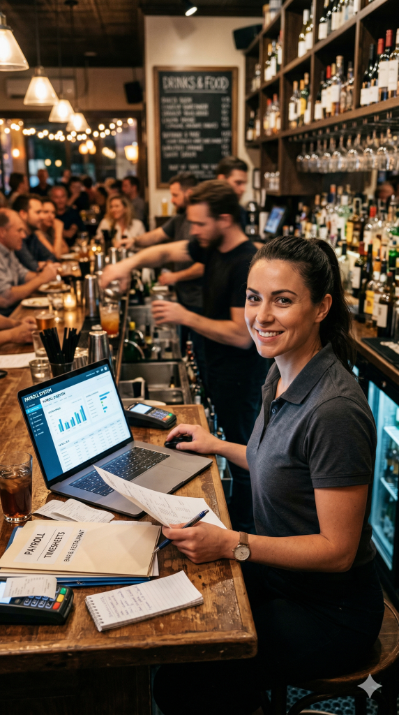 A restaurant manager smiling at a bar counter while using a laptop to manage payroll and timesheets for staff.