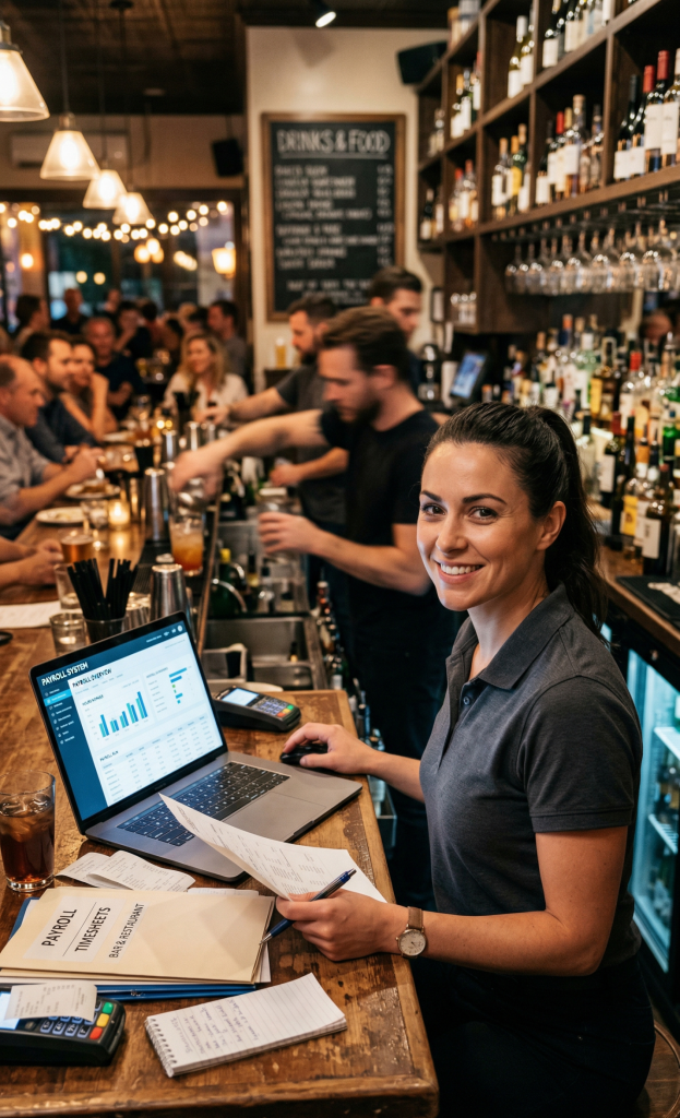A restaurant manager smiling at a bar counter while using a laptop to manage payroll and timesheets for staff.