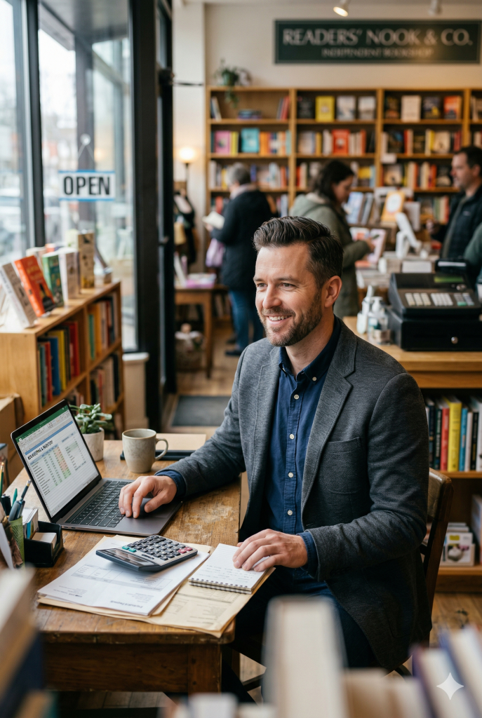 A male bookkeeper in a grey blazer working on a laptop and calculator inside a bright, modern bookstore, managing retail financial records.