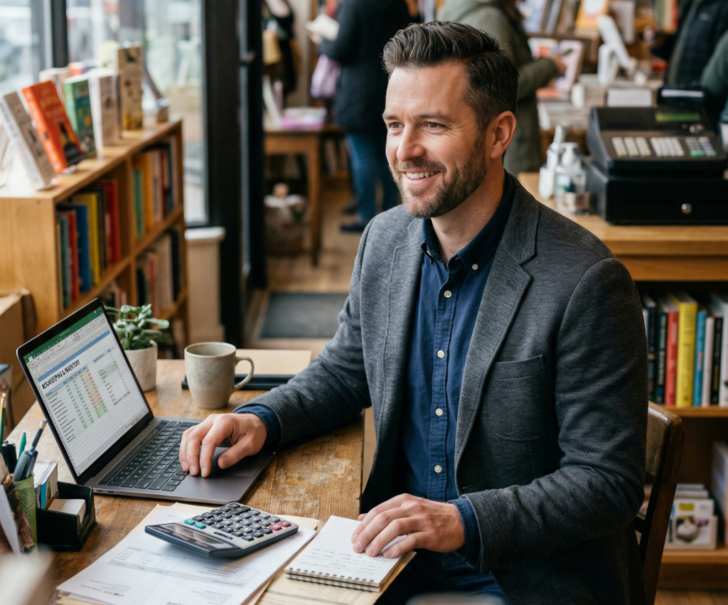A male bookkeeper in a grey blazer working on a laptop and calculator inside a bright, modern bookstore, managing retail financial records.