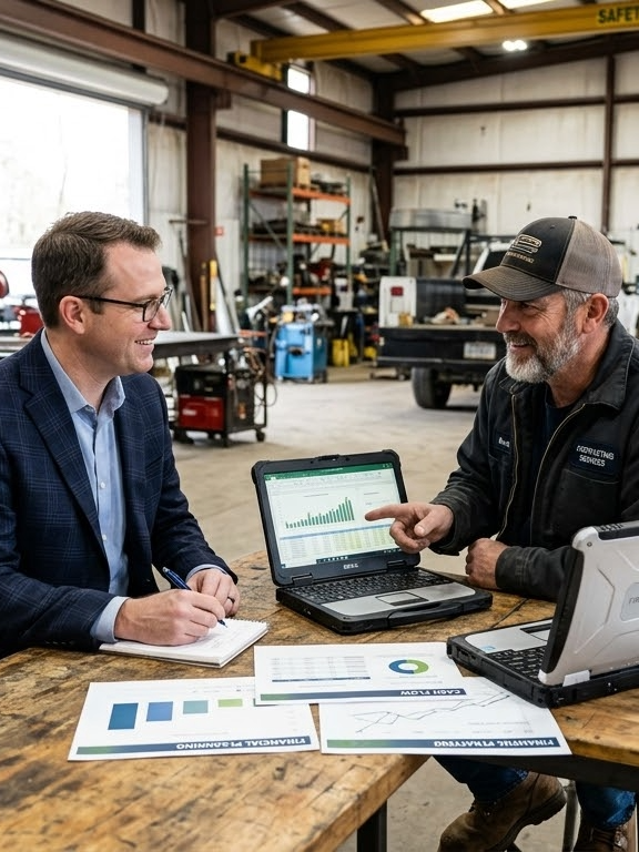 Two men discussing data in a workshop
