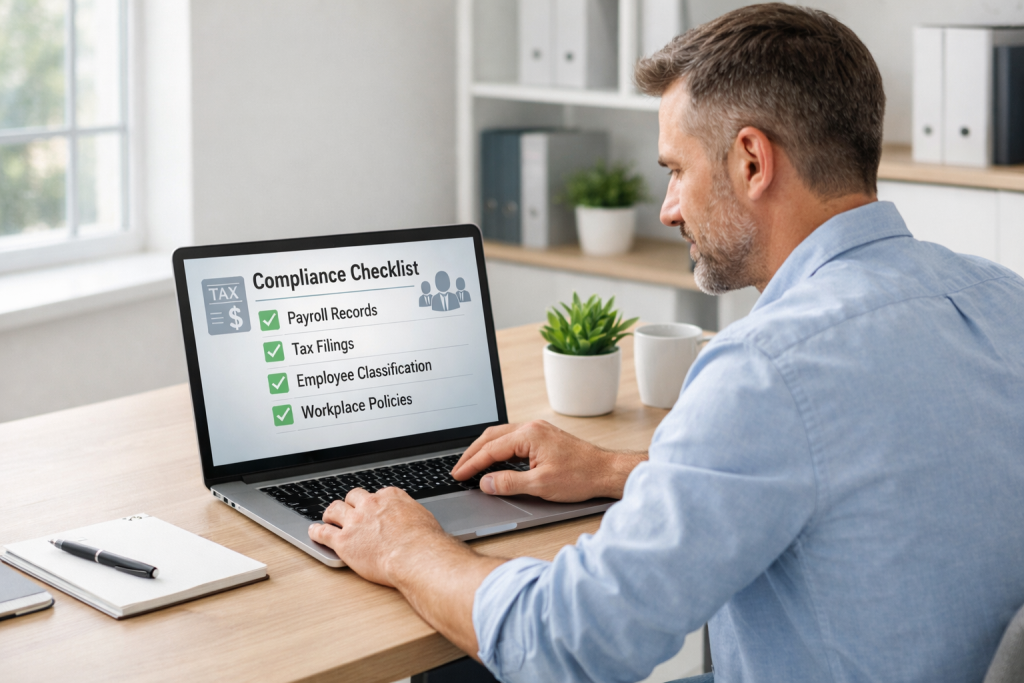 Small business owner reviewing payroll compliance checklist on laptop in a modern, organized office
