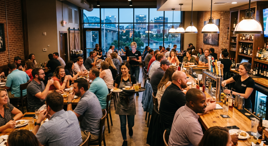A busy evening view inside a crowded restaurant with industrial decor. Patrons are dining at tables and seated along a well-stocked bar. A server with a full tray walks through the center, while a manager looks at a tablet in the background near a large window showing the Chattanooga skyline and Walnut Street Bridge.