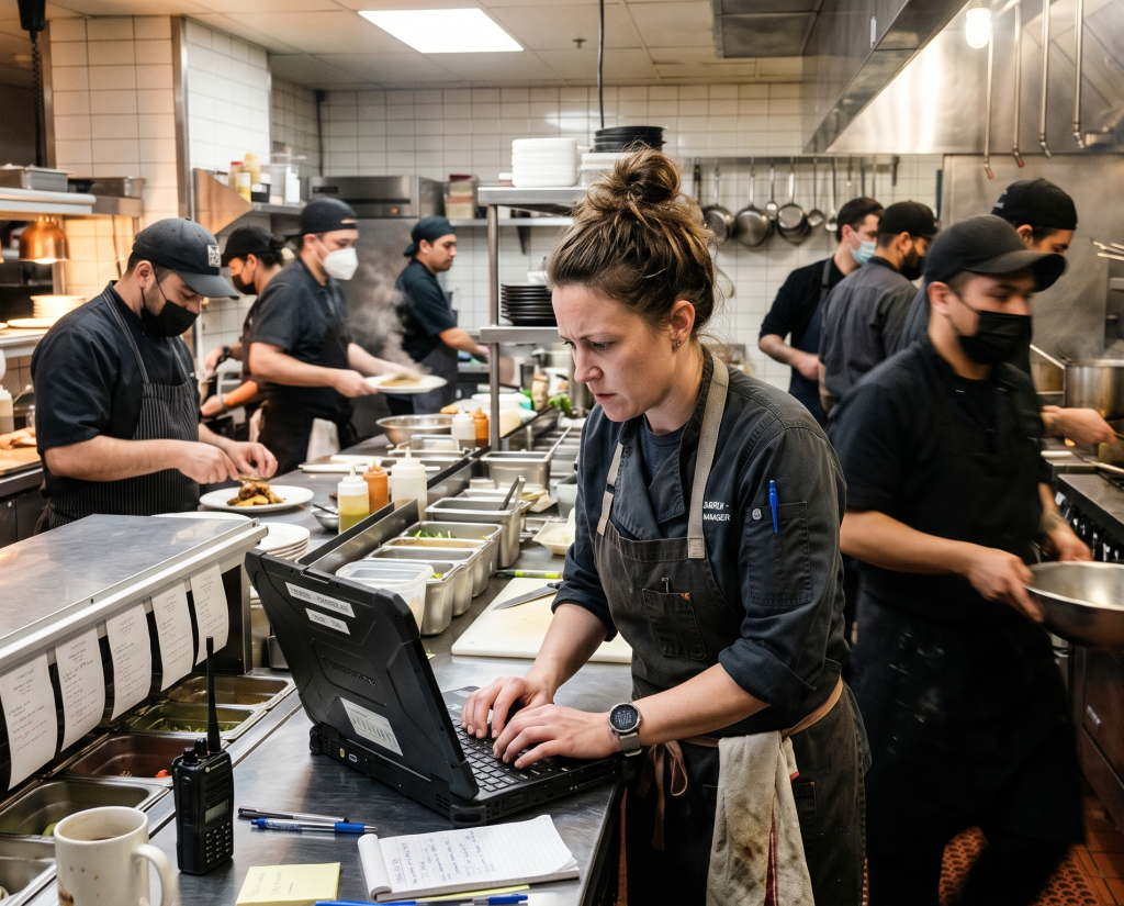 A restaurant manager wearing an apron is typing on a laptop computer in a busy kitchen with chefs working in the background. She may be processing restaurant payroll or managing staff schedules while food is prepared around her.