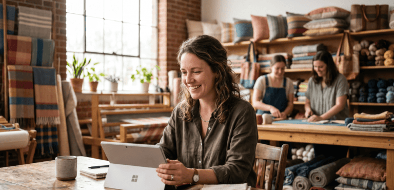 A small business owner smiles at her Microsoft Surface Pro tablet in her light-filled textile workshop, surrounded by fabrics and a blurred team working. She is looking at local bookkeeping services