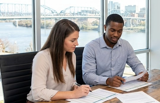 Three professionals reviewing payroll documents in a Chattanooga office overlooking the Walnut Street Bridge, with a digital graphic comparing W2 employee and 1099 contractor requirements.