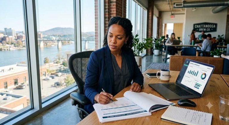 A professional, realistic photo of a small business owner evaluating financial reports and a laptop in a modern Chattanooga office, bright natural light, focused and confident expression. Chattanooga Payroll Service.