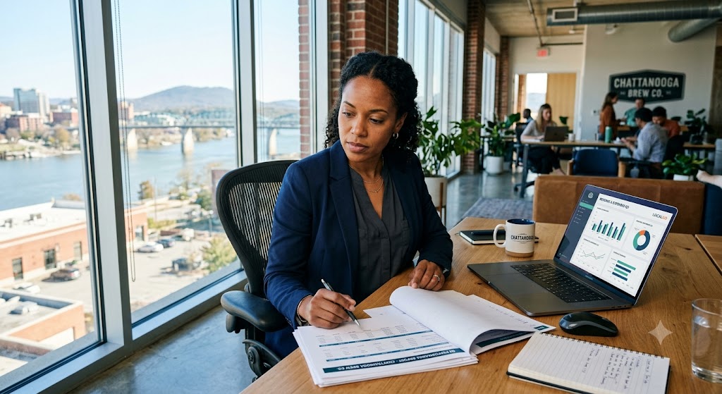 A professional, realistic photo of a small business owner evaluating financial reports and a laptop in a modern Chattanooga office, bright natural light, focused and confident expression. Chattanooga Payroll Service.