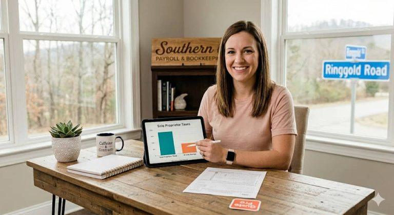 A woman working from her home office near Ringgold Road in East Ridge, Tennessee, points to a tablet graph comparing 'Sole Proprietor Taxes' vs. 'S-Corp Savings,' illustrating Southern Payroll & Bookkeeping's expertise in helping small business owners transition entity structures. Helping answer the question When Should I Switch From Sole Proprietor to S-Corp?
