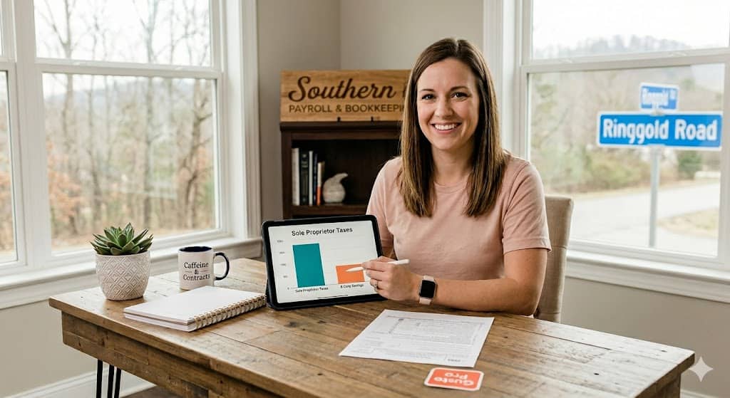 A woman working from her home office near Ringgold Road in East Ridge, Tennessee, points to a tablet graph comparing 'Sole Proprietor Taxes' vs. 'S-Corp Savings,' illustrating Southern Payroll & Bookkeeping's expertise in helping small business owners transition entity structures. Helping answer the question When Should I Switch From Sole Proprietor to S-Corp?