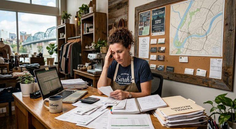 Stressed Chattanooga business owner managing payroll and bookkeeping paperwork in Chattanooga with the Walnut Street Bridge visible in the background.