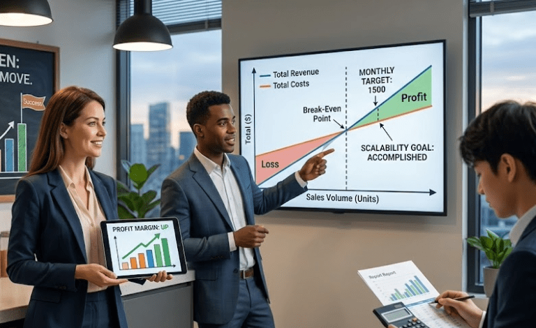 A professional bookkeeping team presenting a break-even point chart on a screen to show a small business owner how to increase profit margins.