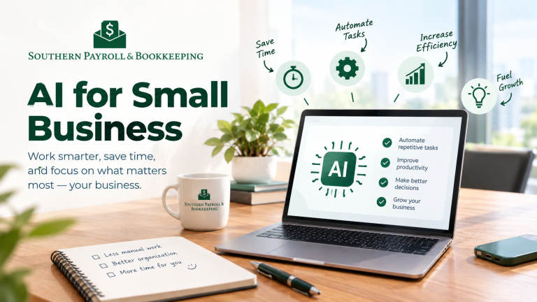 Southern Payroll & Bookkeeping graphic for AI in small business: a laptop showing an AI panel listing automate repetitive tasks, improve productivity, make better decisions and grow your business, with icons for saving time, automating tasks, increasing efficiency and fuelling growth.