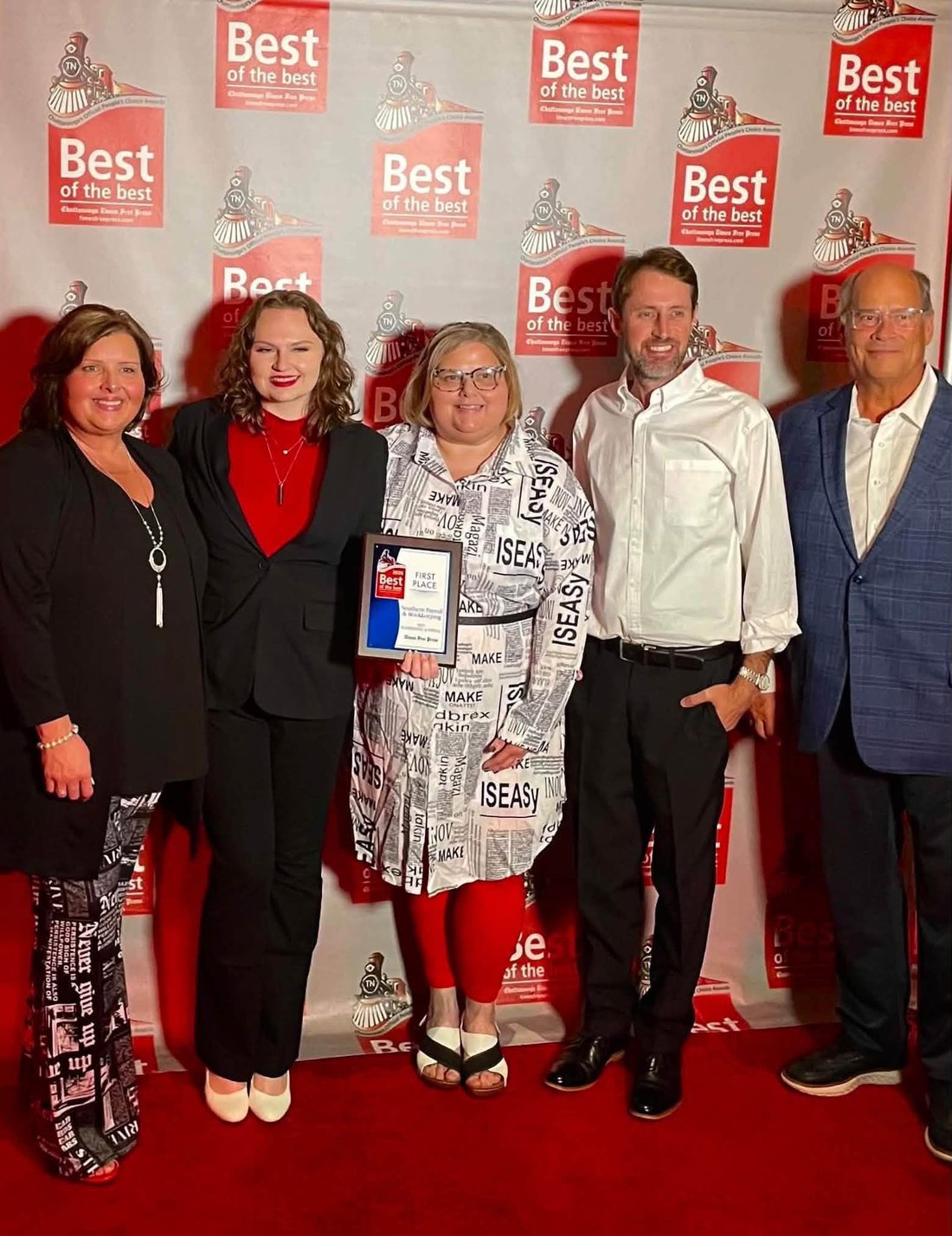 Jamie Starr, Kealey Taylor, Jennifer Sanford, George Wilson and Scott Rix of Southern Payroll & Bookkeeping holding the First Place plaque at the Best of the Best awards