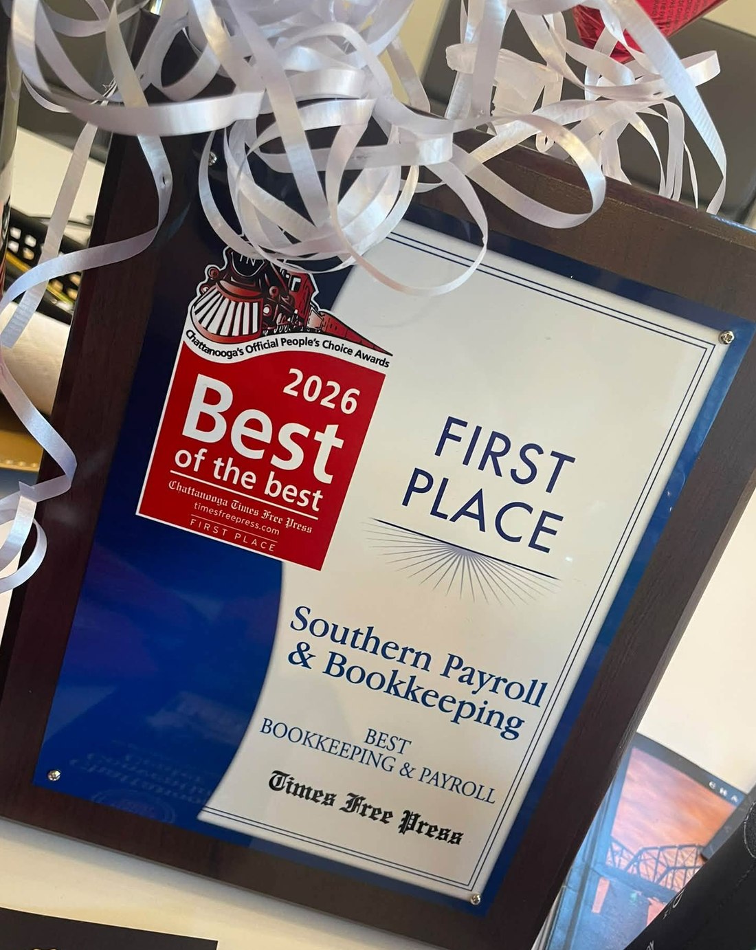 The 2026 Chattanooga Times Free Press Best of the Best First Place plaque awarded to Southern Payroll & Bookkeeping for Best Bookkeeping & Payroll