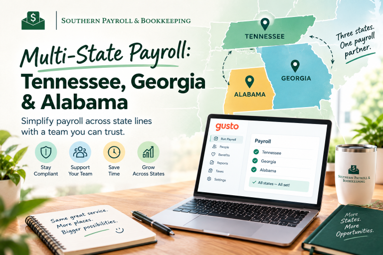 Southern Payroll & Bookkeeping graphic for multi-state payroll across Tennessee, Georgia and Alabama, showing a map of the three states with pins and an illustrative payroll screen confirming all three states are set up.