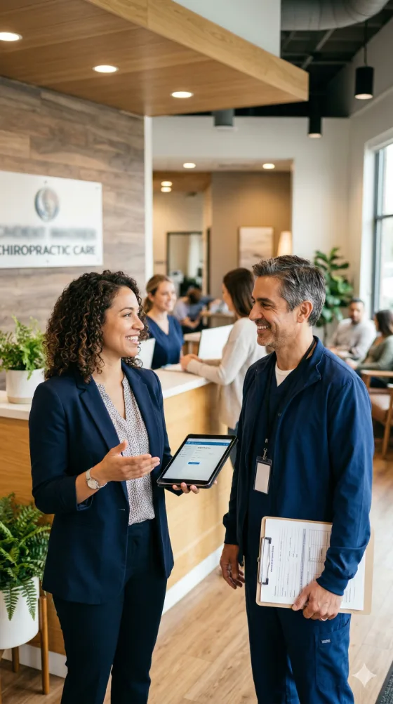 A professional HR consultant in a navy blazer showing a digital tablet to a smiling male chiropractor in blue scrubs within a modern, sunlit clinic lobby.